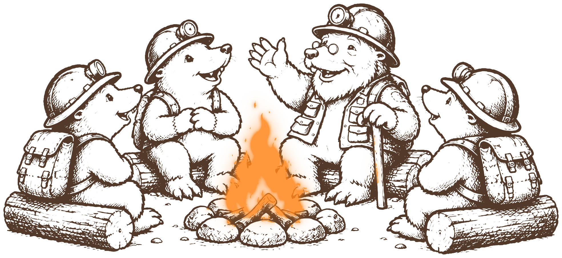 Old Gravel tells a story to three moles around a campfire.