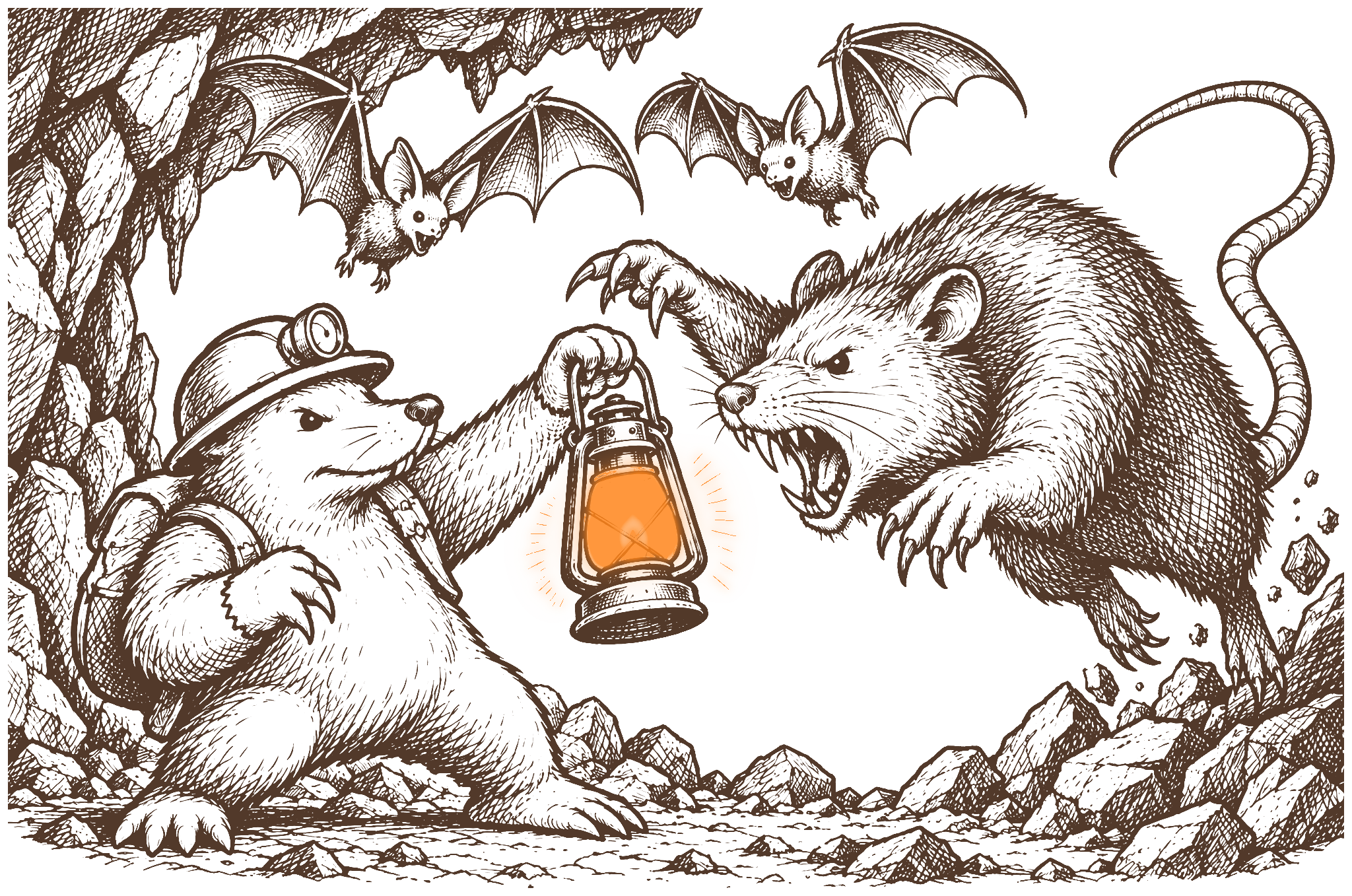 The mole holds up a lantern as a snarling Tunnel Rat lunges out of the dark, bats overhead.